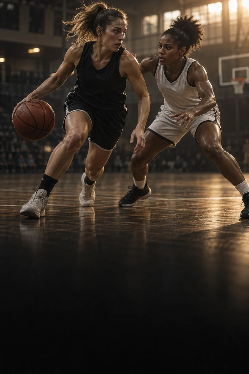 Basketball players competing for the ball