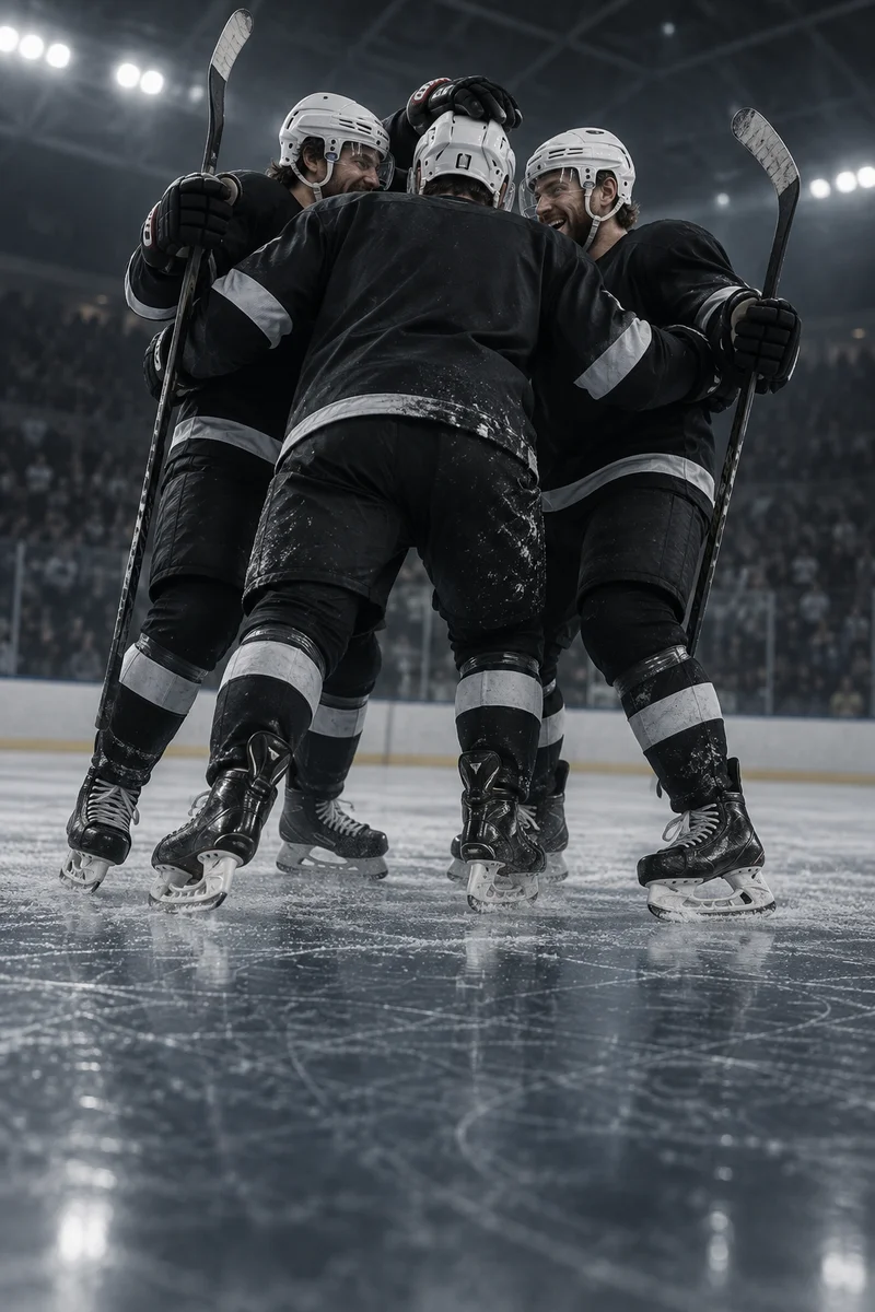 Hockey teammates celebrating on the ice